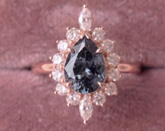 AAA 2CT Grey Spinel Engagement Ring Pear Cut Grey Spinel Solid Gold Ring Grey Spinel Cluster Ring Promise Ring Wedding Ring