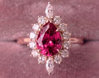 Pink Tourmaline Engagement Ring, 7x9mm October Birthstone Ring, Marquise Moissanite Cluster Ring, 14K Gold Bridal Ring, Promise Ring