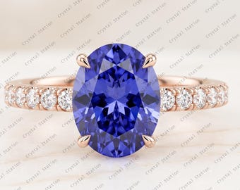AAAA Tanzanite Diamond Engagement Ring - 2.50 Carat Oval Cut Tanzanite, Art Deco Rose Gold Wedding Ring, Stunning Anniversary Ring