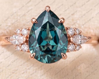 Teal Sapphire Engagement Ring, Pear Cut Blue Green Sapphire 14k Solid Gold Ring Sapphire Cluster Ring September Birthstone Ring