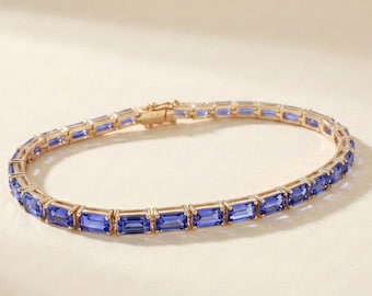 AAAA Natural Tanzanite Tennis Bracelet, Emerald cut Tanzanite Bracelet for Women, December Birthstone, Tanzanite Wedding Gold Bracelet