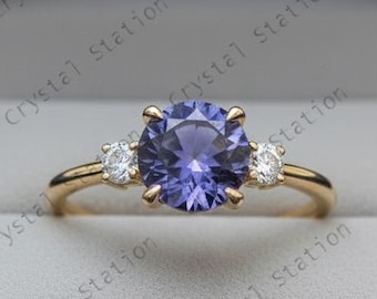 AAAA Tanzanite Ring in 14K Solid Yellow Gold, Round cut Tanzanite Ring, Tanzanite Trilogy Ring, Tanzanite Jewelry, Gemstone ring for Women
