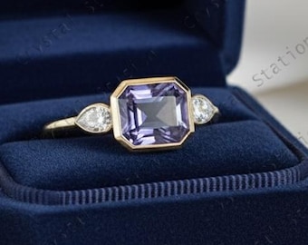 Emerald cut AAAA Tanzanite with Diamond Ring in 14K Yellow Gold, Bezel set Ring, Tanzanite Ring, Diamond Ring, Art deco Tanzanite Ring