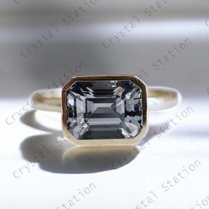 Unique 2CT Grey Spinel Engagement Ring Emerald Cut Bezel Solid Gold Ring Grey Spinel Solitaire Ring Promise Ring Wedding Ring