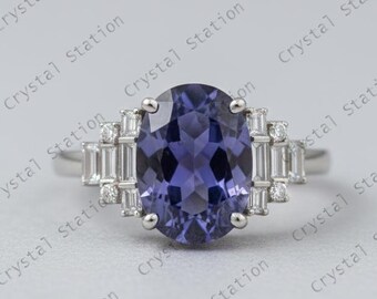 AAAA Tanzanite Diamond Engagement Ring - 3.00 Carat Oval Cut Tanzanite, Art Deco White Gold Wedding Ring, Stunning Anniversary Ring
