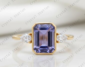 AAAA Tanzanite and Moissanite Ring in Sterling Silver, Tanzanite Ring, Emerald cut Tanzanite ring Jewelry, December Birthstone, Gift for Her