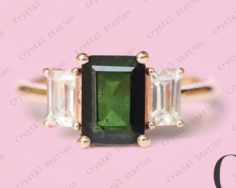 Natural Tourmaline Ring, Emerald Cut Green Tourmaline Ring, Art Deco Promise Ring, 14k Gold Solitaire Ring, Dainty Ring, Anniversary Ring