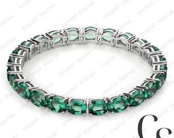 Natural Green Tourmaline Tennis Bracelet in 14K White Gold, Pink Tourmaline Bracelet, Gemstone Bracelet for Women, October Birthstone