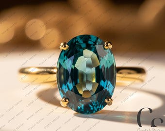 Teal Sapphire Engagement Ring, Oval Cut Blue Green Sapphire 14k Solid Gold Ring Sapphire Solitaire Ring September Birthstone Ring