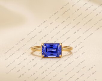 AAAA Emerald Cut Tanzanite Ring, East West Setting Ring in 14K Solid Yellow Gold, December Birthstone Engagement Anniversary Jewelry for Her