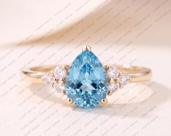 Natural Aquamarine Engagement Ring, 14k Solid Gold Aquamarine Promise Ring, Pear cut Aquamarine Ring, March Birthstone, Aquamarine Jewellery