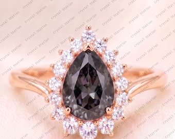 Grey Spinel Engagement Ring Pear Cut Grey Spinel Solid Gold Ring Grey Spinel Cluster Ring Promise Ring Wedding Ring, Christmas Gift