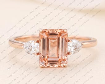 Emerald cut Morganite Engagement Ring, Natural Morganite Ring, Morganite Solitaire Ring, Unique 14K Rose Gold Bridal Ring, Promise Ring