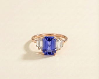 AAAA Emerald Cut Tanzanite Ring with Diamond in 14K Solid Yellow Gold – December Birthstone Engagement & Anniversary Jewelry for Her