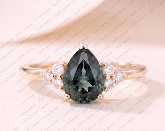 Grey Spinel Engagement Ring Pear Cut Grey Spinel Solid Gold Ring Grey Spinel Cluster Ring Promise Ring Wedding Ring