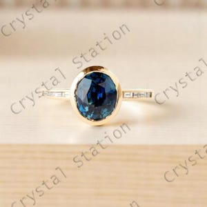 14k Oval Teal Sapphire Ring, Solid Gold Bezel Solitaire Ring, Blue Green Engagement Ring, Women Anniversary Gift, Handmade Jewelry