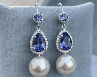 Premium AAAA Tanzanite and Pearl Earring in Sterling Silver, Tanzanite Earring, Tanzanite Jewelry, Dangle Earring, Gift for Her