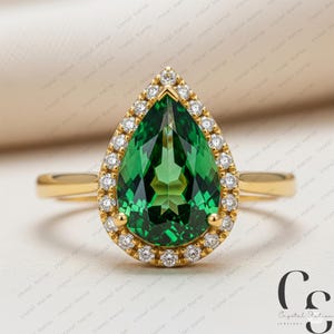 AAAA Tsavorite Garnet with Diamond Halo ring in 14K Yellow Gold, Tsavorite Garnet Ring, Diamond Ring, Tsavorite Ring, Gemstone Ring