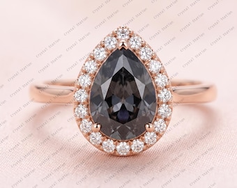 AAA Grey Spinel Engagement Ring Pear Cut Grey Spinel Solid Gold Ring Grey Spinel Cluster Ring Promise Ring Wedding Ring, Christmas Gift