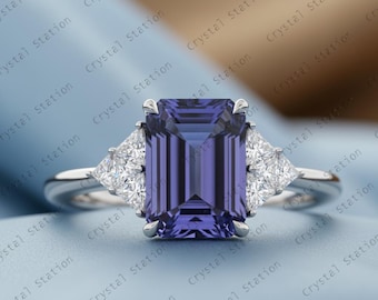 AAAA Tanzanite and Moissanite Ring in Sterling Silver, Tanzanite Ring, Emerald cut Tanzanite ring Jewelry, December Birthstone, Gift for Her