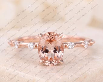 Oval Morganite Engagement Ring Rose Gold Peach Morganite Ring Dainty Morganite Pave Ring Vintage Ring Promise Wedding Ring for Women