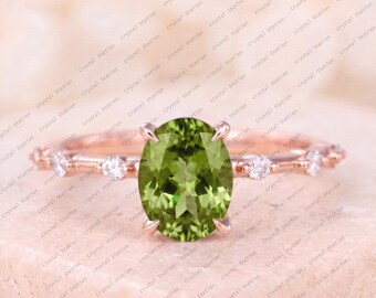 Oval cut Peridot Ring, Delicate Vintage Engagement Ring, Peridot Ring, 10k Solid Gold Ring, Women Stacking Ring, Gift for Her, August