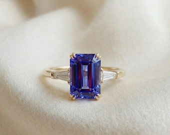AAAA Emerald Cut Tanzanite Ring with Diamond in 14K Solid Yellow Gold – December Birthstone Engagement & Anniversary Jewelry for Her