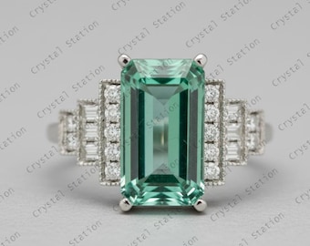 AAAA Natural Green Aquamarine Engagement Ring, 14k Solid Gold Aquamarine Promise Ring, Green Aquamarine Cluster Ring, March Birthstone