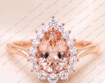 Pear Morganite Engagement Ring, Natural Morganite Ring, Morganite Halo Ring, Unique 14K Rose Gold Bridal Ring, Promise Ring
