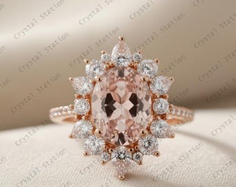 Morganite Halo engagement ring, 2.50 carats 7x9 mm oval cut morganite promise ring, pink gemstone ring, rose/white gold plated silver silver