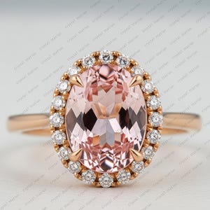 Oval Morganite Engagement Ring Rose Gold Peach Morganite Ring Dainty Morganite Halo Ring Vintage Ring Promise Wedding Ring for Women