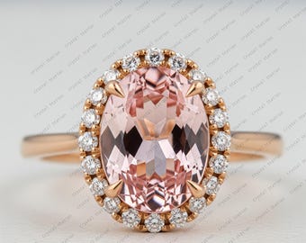 Oval Morganite Engagement Ring Rose Gold Peach Morganite Ring Dainty Morganite Halo Ring Vintage Ring Promise Wedding Ring for Women