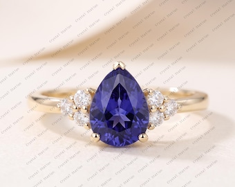 Blue Sapphire Engagement Ring, Pear Cut Blue Sapphire 14k Solid Gold Ring Sapphire Cluster Ring September Birthstone Ring