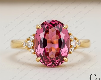 Natural Tourmaline Wedding Ring, Pink Tourmaline Ring, Oval Cut Pink Tourmaline Diamond Ring Gold, Fine Jewelry