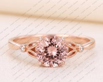 Round Morganite Engagement Ring, Natural Morganite Ring, Morganite Cluster Ring, Unique 14K Rose Gold Bridal Ring, Promise Ring