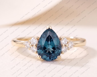 Teal Sapphire Engagement Ring, Pear Cut Blue Green Sapphire 14k Solid Gold Ring Sapphire Cluster Ring September Birthstone Ring