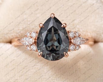 AAA 2CT Grey Spinel Engagement Ring Pear Cut Grey Spinel Solid Gold Ring Grey Spinel Cluster Ring Promise Ring Wedding Ring