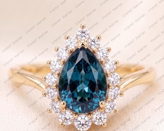 Teal Sapphire Engagement Ring, Pear Cut Blue Green Sapphire 14k Solid Gold Ring Sapphire Halo Ring September Birthstone Ring