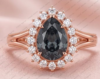 Grey Spinel Engagement Ring Pear Cut Grey Spinel Solid Gold Ring Grey Spinel Cluster Ring Promise Ring Wedding Ring, Christmas Gift