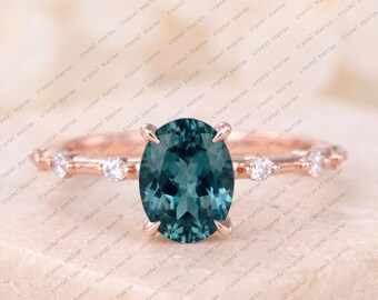 Oval Teal Sapphire Engagement Ring, Blue Green Sapphire Ring, Sapphire Wedding Ring, Unique 14K Gold Bridal Ring, September Birthstone