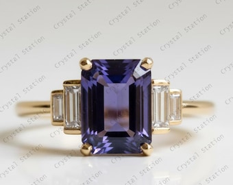 AAAA Emerald Cut Tanzanite Ring with Diamond in 14K Solid Yellow Gold – December Birthstone Engagement & Anniversary Jewelry for Her