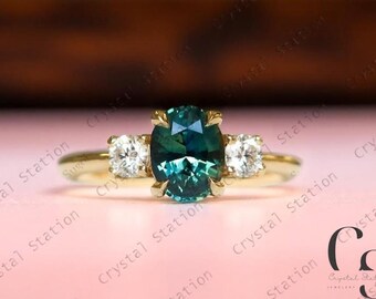 1.25 Cts Oval Teal Sapphire Engagement Ring, Teal sapphire ring, Sapphire Trilogy ring, Australian sapphire, September Birthstone