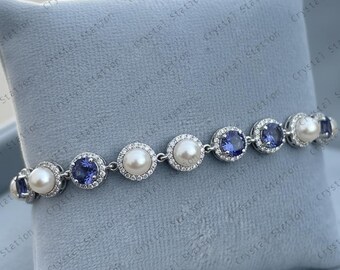 Tanzanite pearl bracelet, December June birthstone jewelry, genuine tanzanite bracelet, women bracelet, Tanzanite halo gemstone bracelet