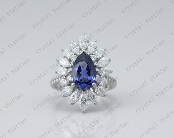 AAAA Pear Cut Tanzanite Ring with Diamond Halo in 14K Solid White Gold – December Birthstone Engagement & Anniversary Jewelry for Her