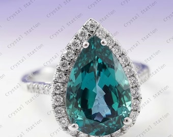 Teal Sapphire Engagement Ring, Pear Cut Blue Green Sapphire 14k Solid Gold Ring Sapphire Half Eternity Ring September Birthstone Ring