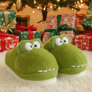 Green Dinosaur Slippers, Cozy Plush Winter House Shoes, Cute Dino Indoor Footwear, Warm Christmas Gift for Kids and Adults