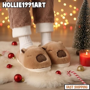 Cute Capybara Cotton Slippers for Women, Warm Plush Indoor Slides, Soft Non Slip Cozy Home Shoes Autumn Winter Comfort