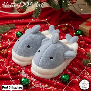 Christmas Shark Plush Slippers, Cozy Winter Warm Cotton Shoes, Cute Slip Holiday Home Slippers for Women & Men, Soft Furry Xmas House Shoes