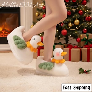 Cute Duck Plush Slippers for Women, Warm Fuzzy Winter Indoor Shoes, Soft Fluffy Flower Slippers, Cozy Home Floor Comfy Footwear Gift