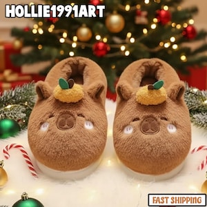 Highland Cow Capybara Slippers, Cozy Fuzzy Slippers for Winter, Animal Slippers with Soft Plush, Gift Idea for Kids, Xmas Home Cotton Shoes
